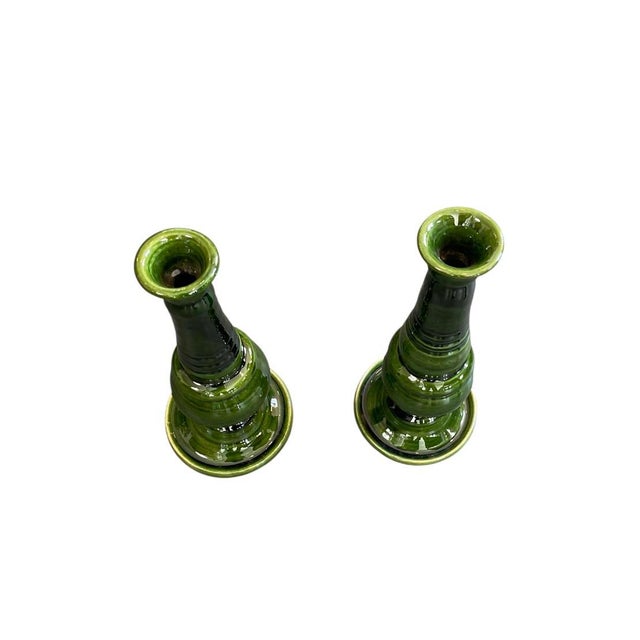 Pair of Moroccan Emerald Green Glazed Ceramic Candlesticks For Sale - Image 4 of 9