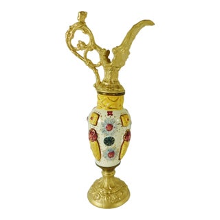 Vintage Italian Decorative Gold Metal Putti Art Pottery Pitcher Cabinet Piece For Sale