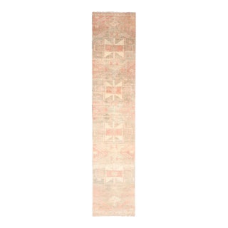 1970s Vintage Turkish Hand-Knotted Wool Cotton Pink Runner Rug For Sale
