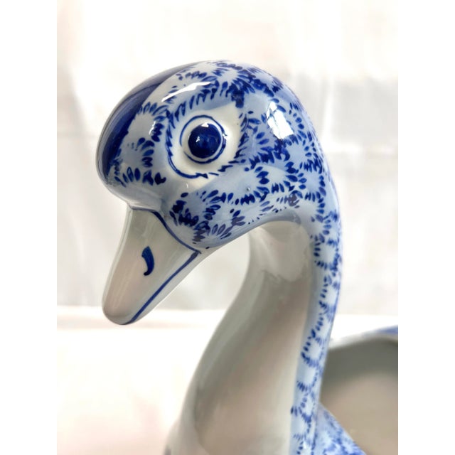 1990s Blue & White Ceramic Duck Planter – Chinoiserie Cachepot, Vintage Bird Vessel, Statement Decor For Sale - Image 5 of 9