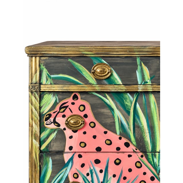 Hollywood Regency 1940s One-of-a-Kind Hand-Painted Pink Leopard Palm Beach Regency Chest by Dionne Woods For Sale - Image 3 of 6