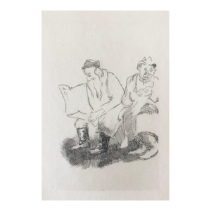 Paul JeffayJudaica Jewish Shtetl Etching Reading the Newspaper Vintage Chassidic Art Print, c.1950's
