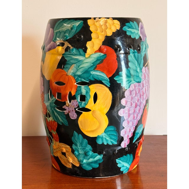 Chinese Black Ground Polychrome Ceramic Garden Seat / Stool With Fruit Decoration For Sale - Image 4 of 9