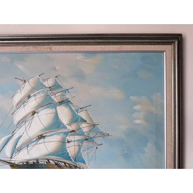 Wood 1970s Vintage Sailing Ship Seascape Oil on Canvas Painting, Framed For Sale - Image 7 of 12