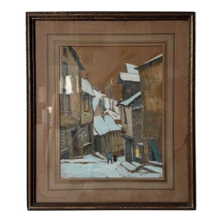 1922 G. Belnet Winter Cityscape Oil on Paper Painting, Framed Under Glass For Sale
