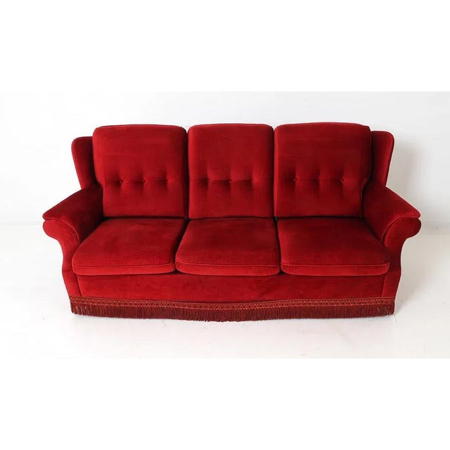 1960s Mid Century Tufted Back Ruby Red Sofa For Sale - Image 4 of 14
