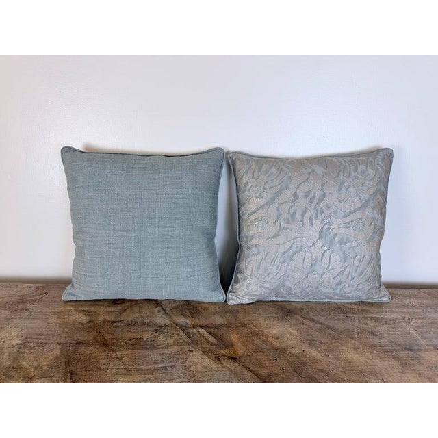 Stone Gray Fortuny Cotton Damask Throw Pillows, Venetian Floral Motif, Aqua & Silver Pair For Sale - Image 8 of 10