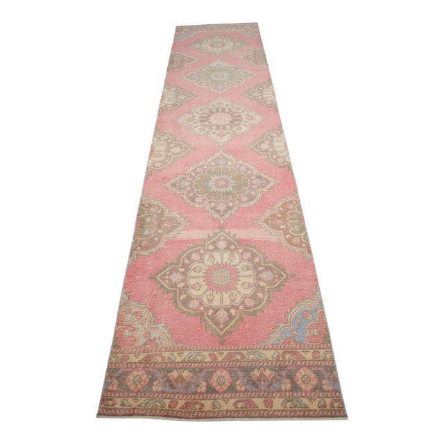 1960s Traditional Turkish Runner Rug Hand Knotted Distressed Low Pile Pink Hallway Decor For Sale