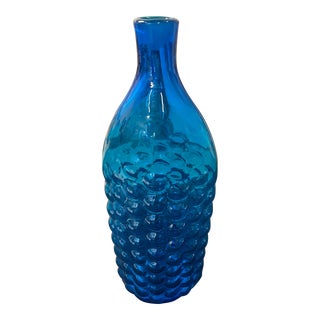 Mid Century Modern Bubbled Blue/Turquoise Glass Bottle Vase For Sale