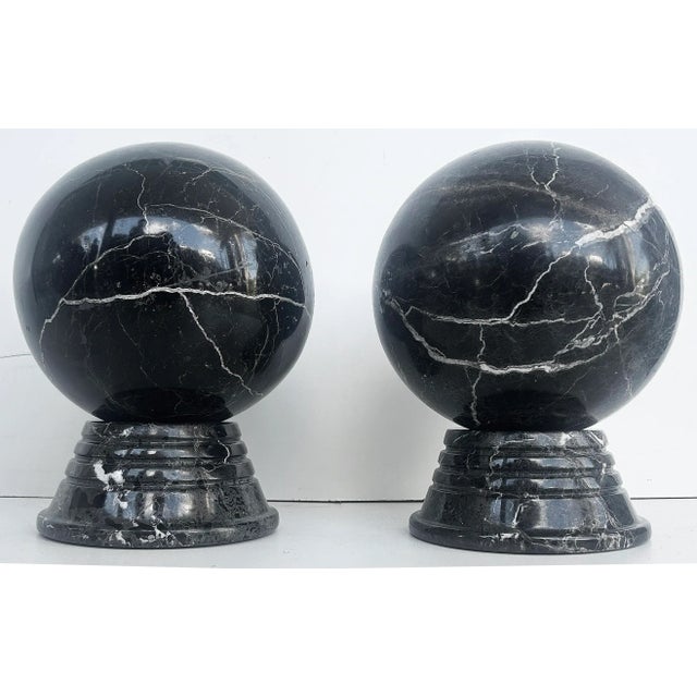 Vintage Solid Marble Orbs Spheres Mounted on Bases- a Pair For Sale - Image 4 of 12