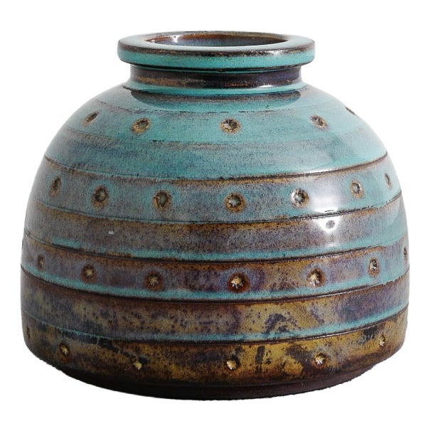 Mid-Century Swedish Decorative Turquoise Blue Stoneware Farsta Vase by Wilhelm Kåge for Gustavsberg, 1940s For Sale