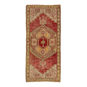 Red Vintage Turkish Anatolian Handmade Geometric Designed Wool Rug