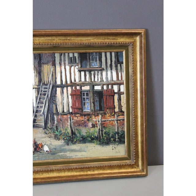 F. Claude, Farmyard with Chickens, 1950s, Oil on Canvas For Sale - Image 3 of 10
