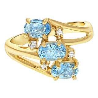 Oval Blue Topaz Diamond Ring 14k Yellow Gold, Size 6.5 For Sale