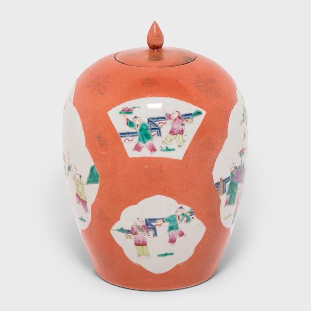 Chinese Persimmon Ovoid Ginger Jar With Cartouche Paintings, C. 1920 For Sale - Image 4 of 6