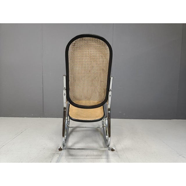 Brown Vintage Chrome and Rattan Rocking Chair, 1960s For Sale - Image 8 of 11