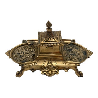 Vintage Elaborate Brass Desk Inkwell Stand With Pen Trays For Sale