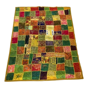 Early 21st Century Handcrafted Kantha Coverlet - Recycled Saris Heirloom-Quality One-of-a-Kind Pattern - 57” X 72”