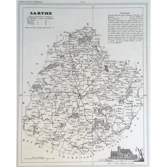 Attention Francophiles! Up for sale is this lovely antique map of Sarthe with a vignette of a cathedral, in very good...