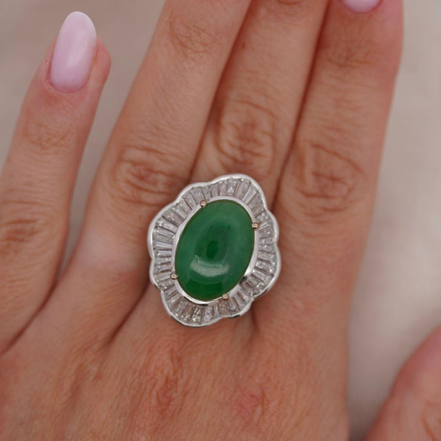 Gia Cert. 8 Carat Burma Jadeite Jade & Diamond 18k White Gold Ballerina Ring, Size 6.25 For Sale - Image 9 of 9