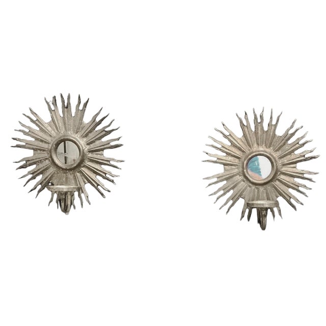 Hollywood Regency 1970s Italian Hollywood Regency Gilt Metal Sunburst Mirrored Wall Candle Sconces — Pair For Sale - Image 3 of 4