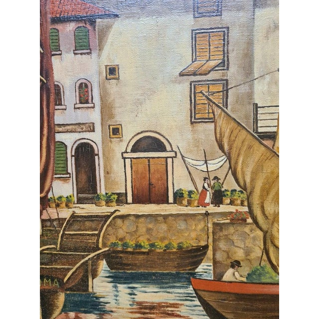 Mid 20th Century Mannerist Large Scale Oil Painting on Canvas, Boats in the Port by E Tiedemann, Framed For Sale - Image 4 of 12