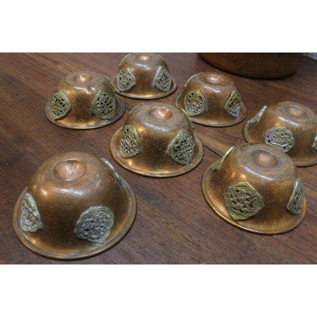1950s Himalayan Nepalese Hand-Wrought Copper Altar Offering Bowls - Set of 7 For Sale - Image 12 of 15