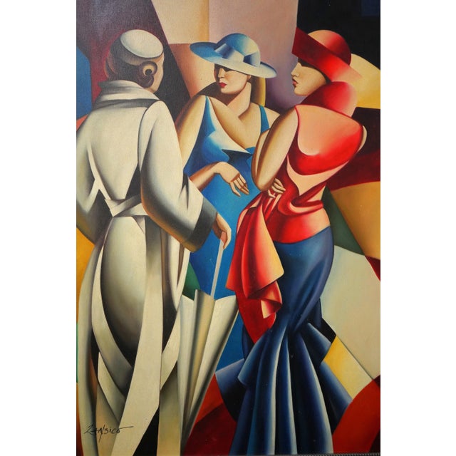 Art Deco Zancisco Art Deco 3 Lady Oil Painting on Canvas For Sale - Image 3 of 12