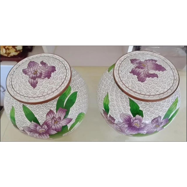 Pair of Vintage Cloisonné Enamel Iris Floral Lidded Jars / Tea Caddies For Sale - Image 10 of 15