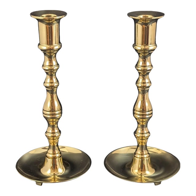 Pair Brass Candlesticks Holders 9" Valsan Portugal Taper Gold For Sale