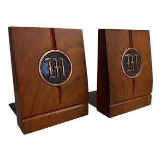 Pair of Mid-Century Wooden Bookends With Bronze Plaques, Monogrammed "M" For Sale
