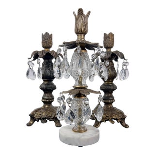 Gilt Brass & Tiered Crystal Girandole Trio - 12" Statement Set For Sale