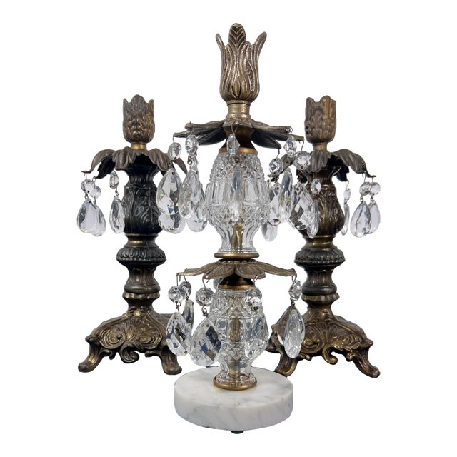 Gilt Brass & Tiered Crystal Girandole Trio - 12" Statement Set For Sale