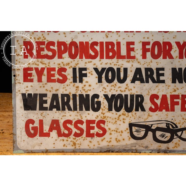 Mid 20th Century Vintage Hand-Painted Metal Industrial Workplace Safety Glasses Liability Sign For Sale - Image 5 of 7