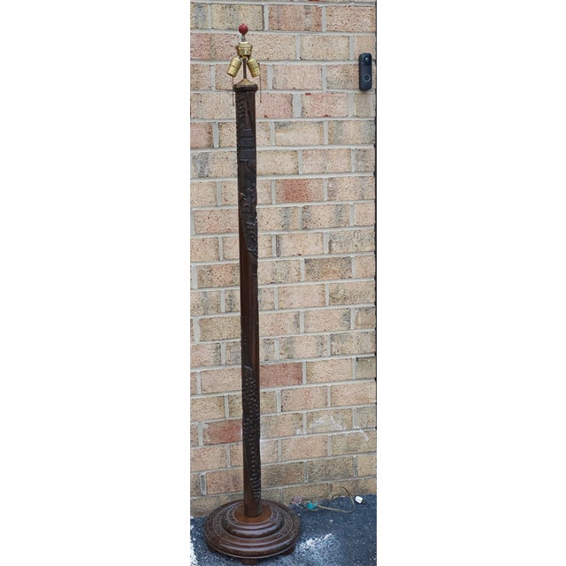 Art Deco Early 20th Century Art-Deco Oriental Style Hand-Carved Wood Floor Lamp For Sale - Image 3 of 10