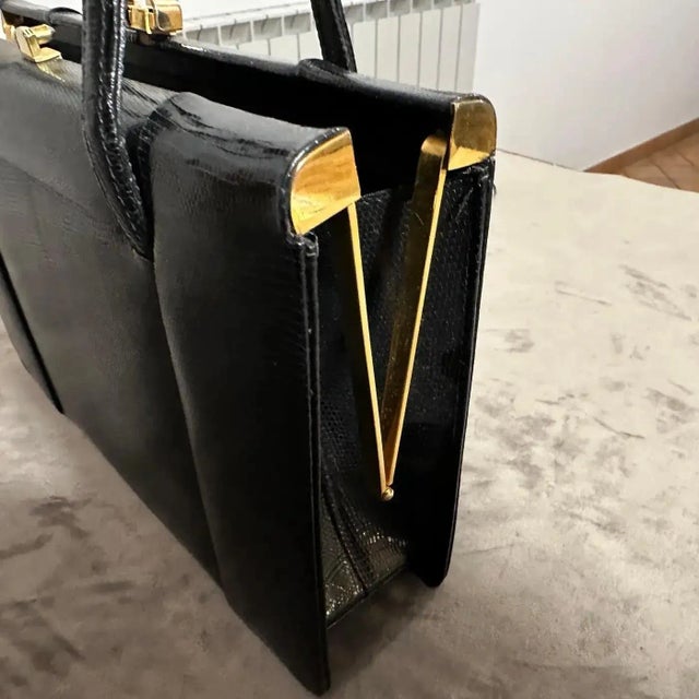 1950s High Quality Black Leather and Brass Hardware Italian Evening Bag For Sale - Image 4 of 18