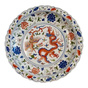 Chinese Porcelain Wucai Dragon and Fenghuang Charger