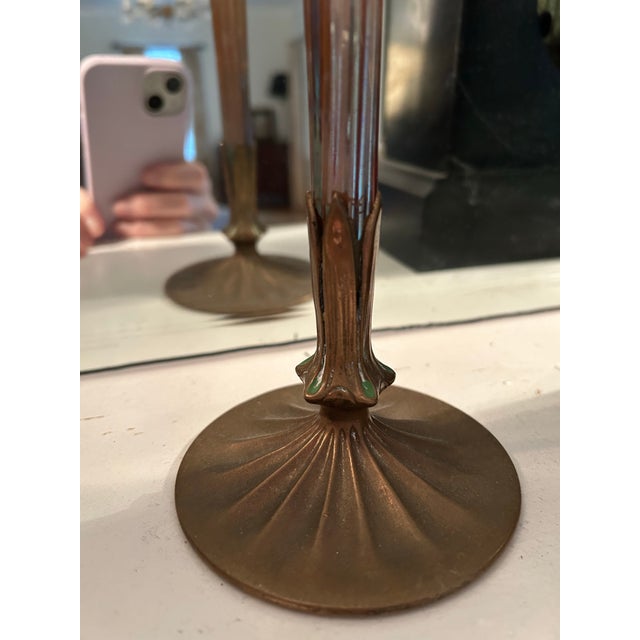 Bronze 1920s LCT Tiffany Favrile Louis Comfort Furnaces Art Glass Trumpet Vase With Gilt Bronze Base For Sale - Image 8 of 8