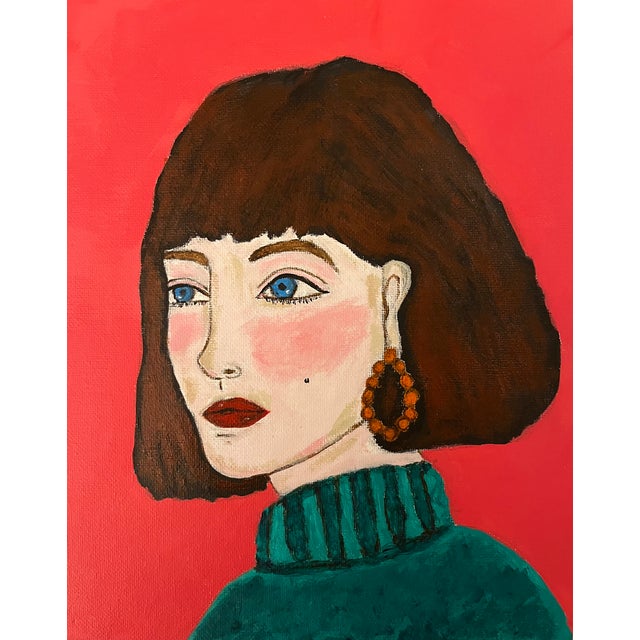 A contemporary portrait of a woman inspired by the fashion of the 80s. Comes framed.