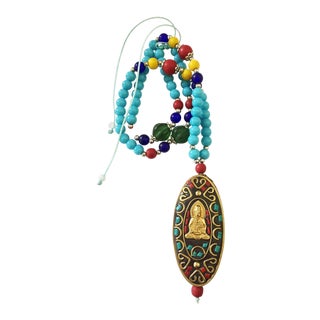 Buddha/w Multicolor Bead Indian Vintage White Metal Handmade Large Pendant Necklace