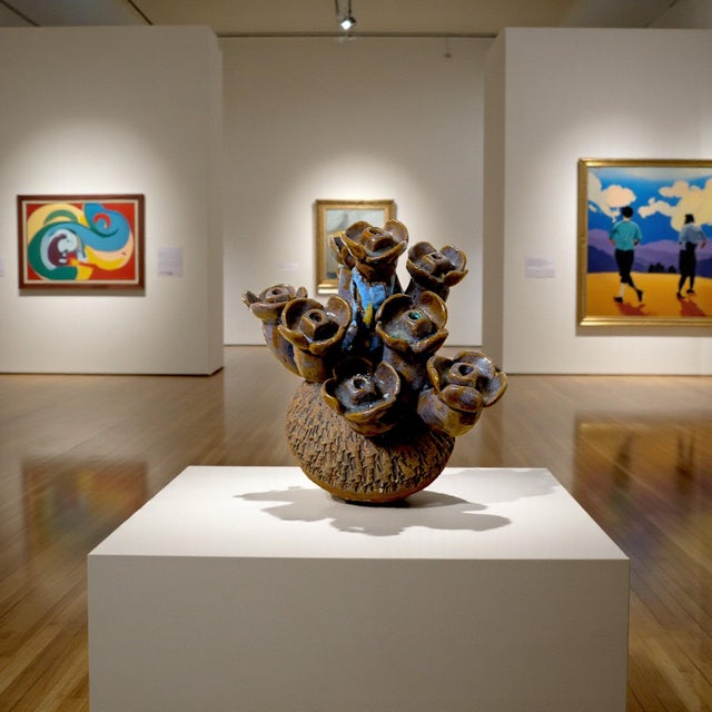 Organic 70s Brutalist Clay Sculpted Earth-Tone and Blue 7 Sprocket Candelabra Style Menorah For Sale In Palm Springs - Image 6 of 6