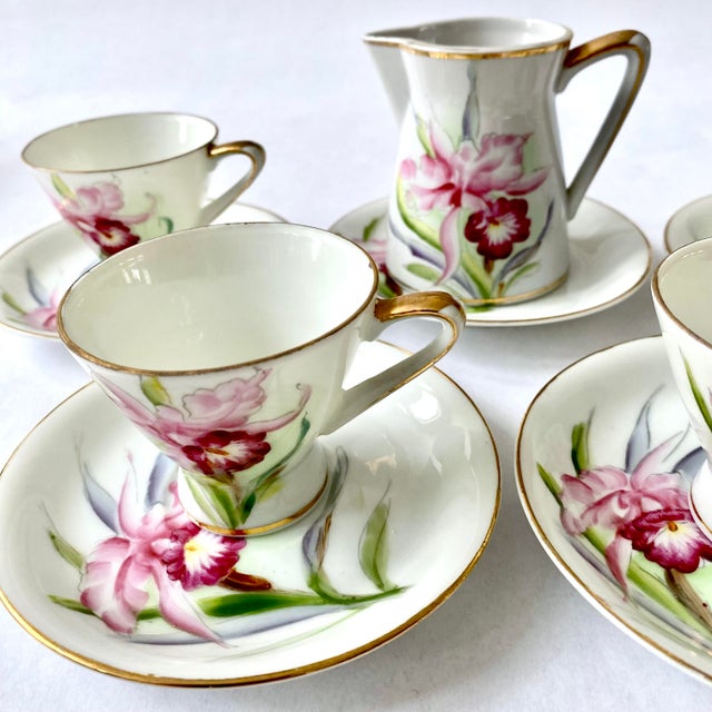 1950s 1950s Hand-Painted Porcelain Demitasse Cups & Saucers With Creamer- 10 Pieces For Sale - Image 5 of 10