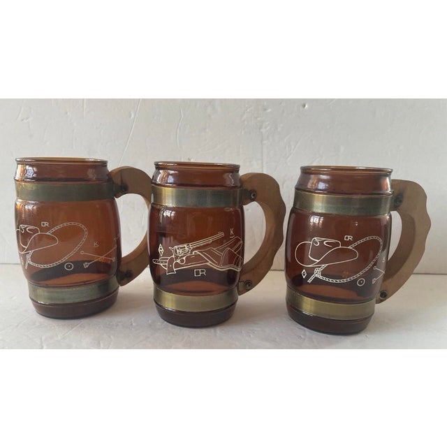 Mid-Century Modern Vintage Siesta Ware Amber Western Cowboy Bar Mugs — Set of 6 For Sale - Image 3 of 8