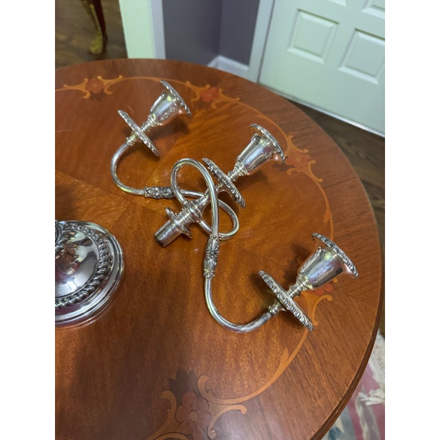 Metal Mid 20th Century Silver Plate Three Nozzle Candelabra. For Sale - Image 7 of 11