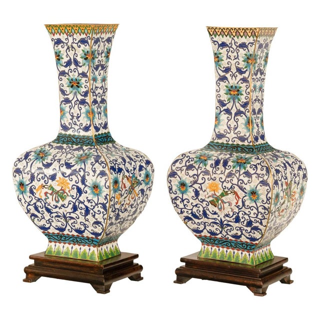 Antique Pair Monumental Chinese Qing Qianlong Period Cloissoné Enamel Vases 1795 For Sale - Image 11 of 16