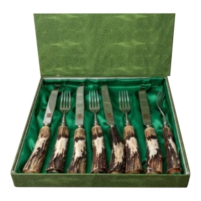 Vintage Anton Wingen Jr Solingen Germany 8pc Stag Antler Steak Knife & Fork Set, Hand Carved Genuine Deer Horn Cutlery, Wildlife Etched Rostfrei For Sale
