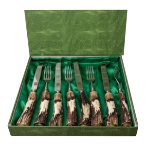 Vintage Anton Wingen Jr Solingen Germany 8pc Stag Antler Steak Knife & Fork Set, Hand Carved Genuine Deer Horn Cutlery, Wildlife Etched Rostfrei