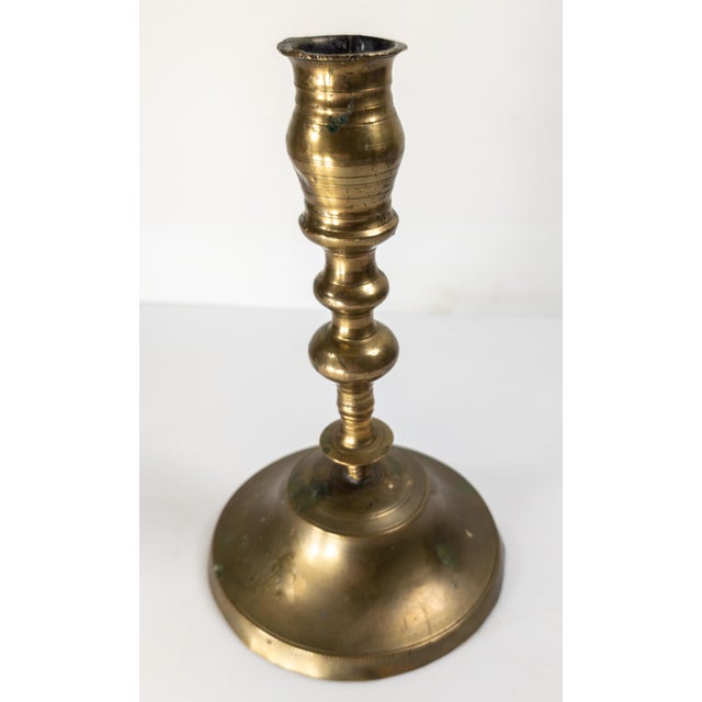 Brass 17th or 18th Century Rustic Make Do Brass Candlestick With Later Base For Sale - Image 8 of 14