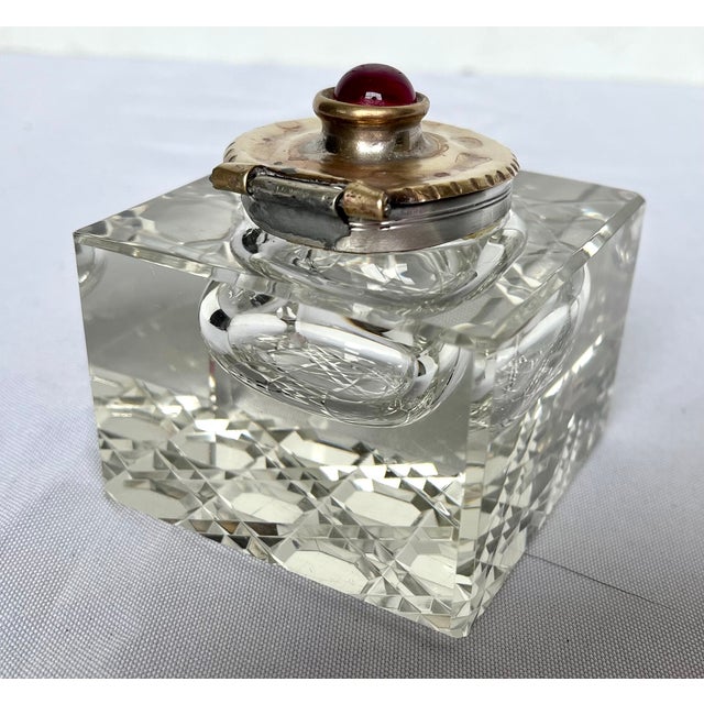 Vintage Cut Crystal Inkwell W/Brass Lid and Red Gemstone For Sale - Image 4 of 12