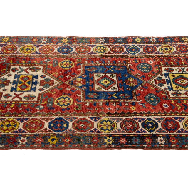 Red Vintage Kazak Caucasian Wool Runner With Multicolor Geometric Design For Sale - Image 4 of 8